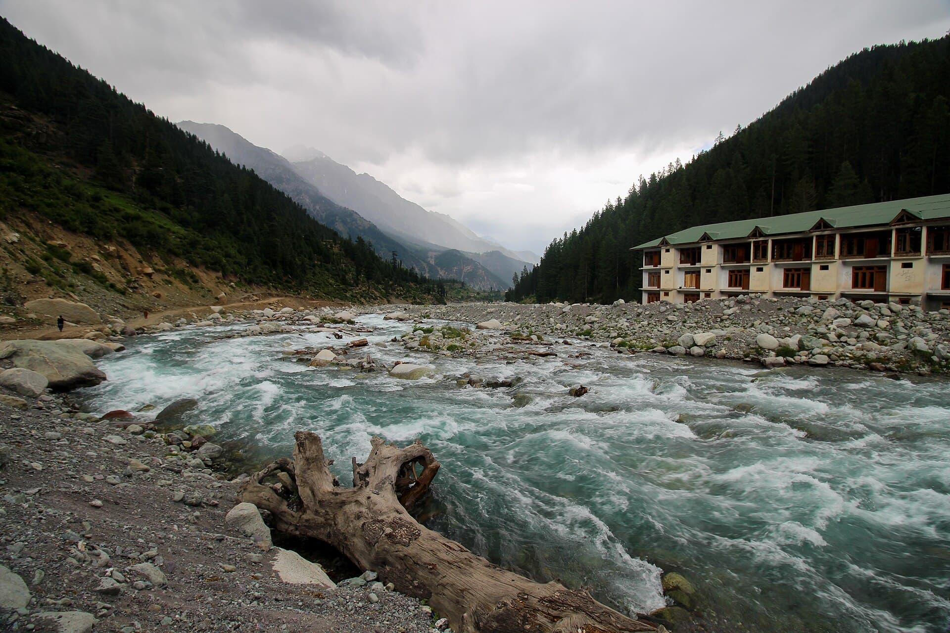 Fast-flowing river through Utror Valley beneath forested mountains