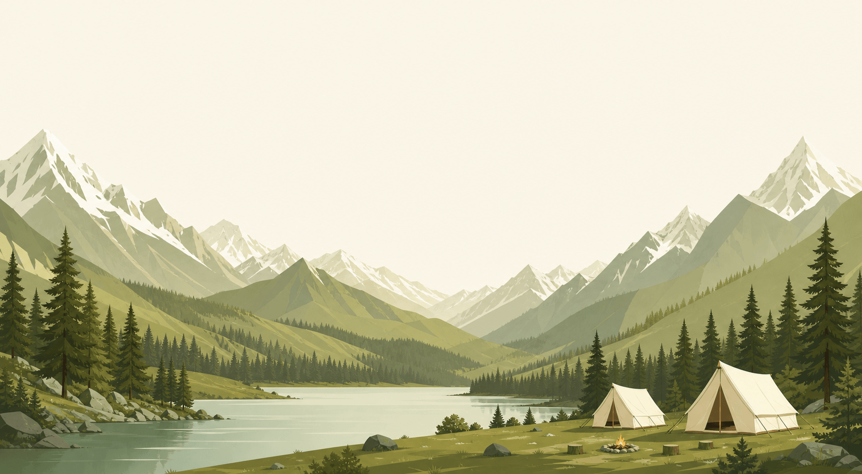 Illustration of Kalam’s mountain peaks, deodar forest, alpine lake, and a quiet lakeside campsite